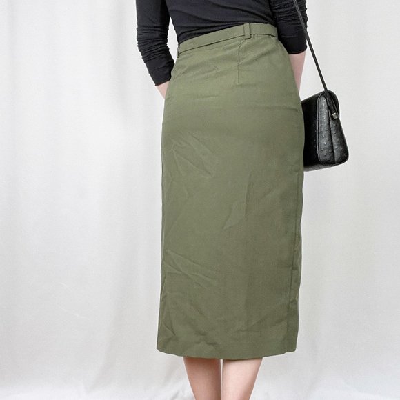Vintage Midi Skirt Button Up High Rise Long Slit Belted Green Preppy Academia - Picture 2 of 7